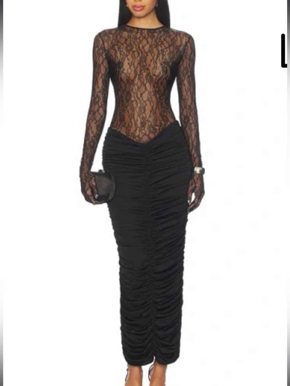 The New Arrivals Vivienne Black Lace Ruched Long Sleeve Evening Dress NWT